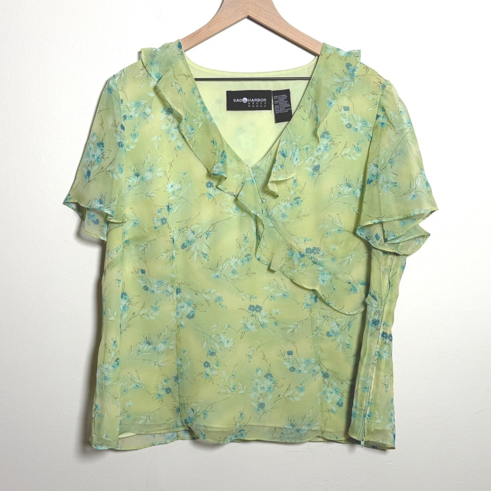 Sag Harbor Woman Lime Green Floral Ruffle V-Neck Chiffon Blouse‎ Plus Size 18W